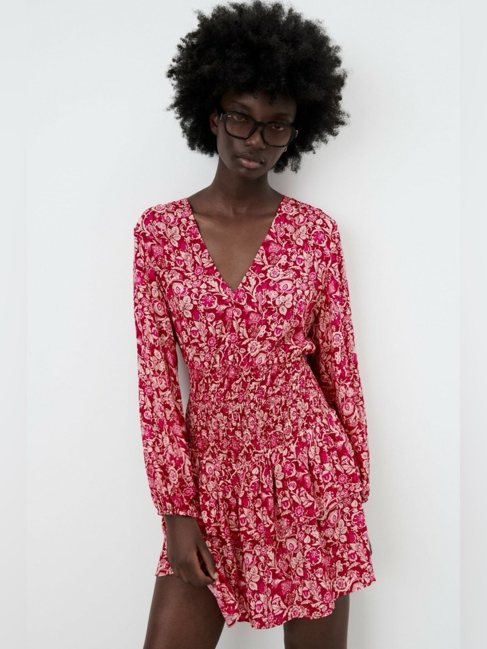 Zara Pink Floral V‑Neck Smocked Mini Dress